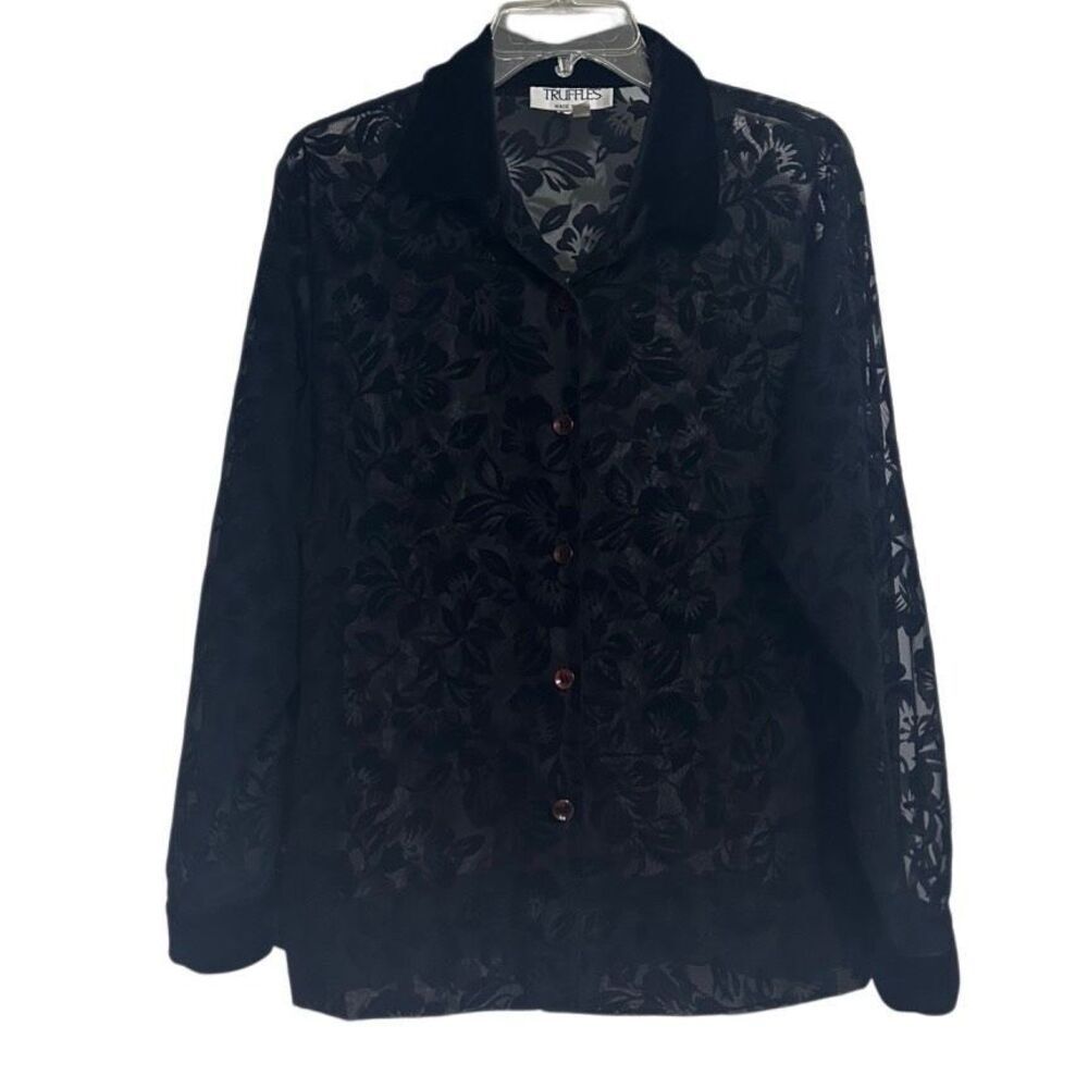 Vintage Truffles Blouse Womens Medium Black Jacquard Velvet Burnout Floral Sheer